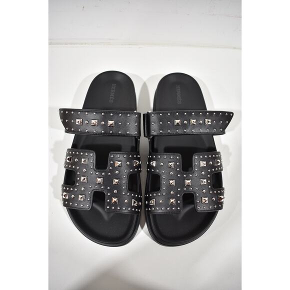 Hermes Chypre Sandal Black Studded Stud Punk Rock H Logo Strap Slide Flat 39 - Picture 10 of 16